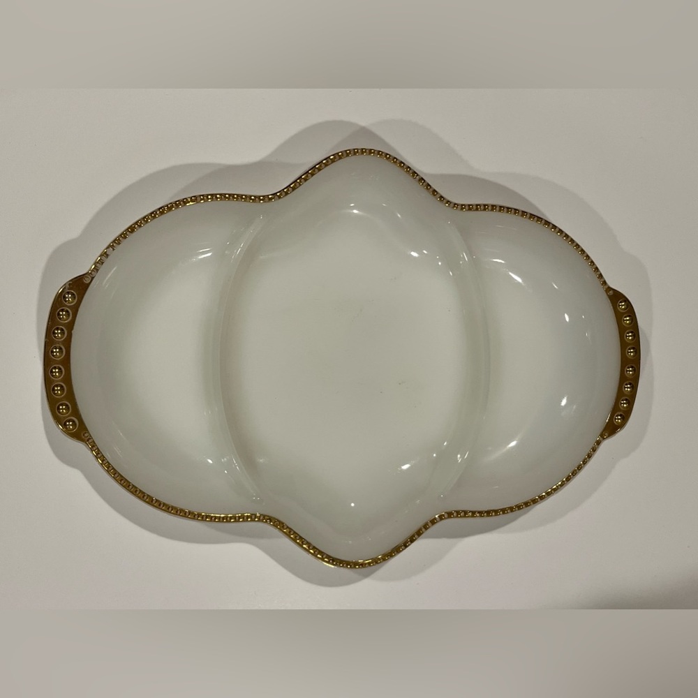 Fire King Serving Milk Glass Gold Trim Dish-#13